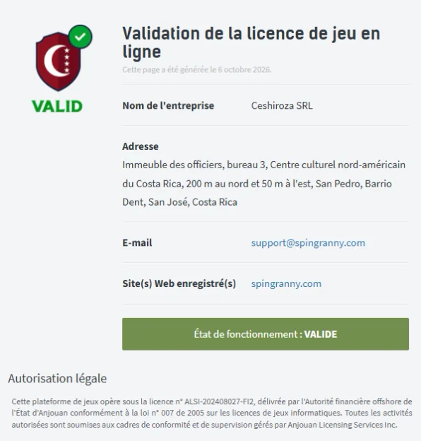Validation de la licence de jeu en ligne du casino Spingranny
